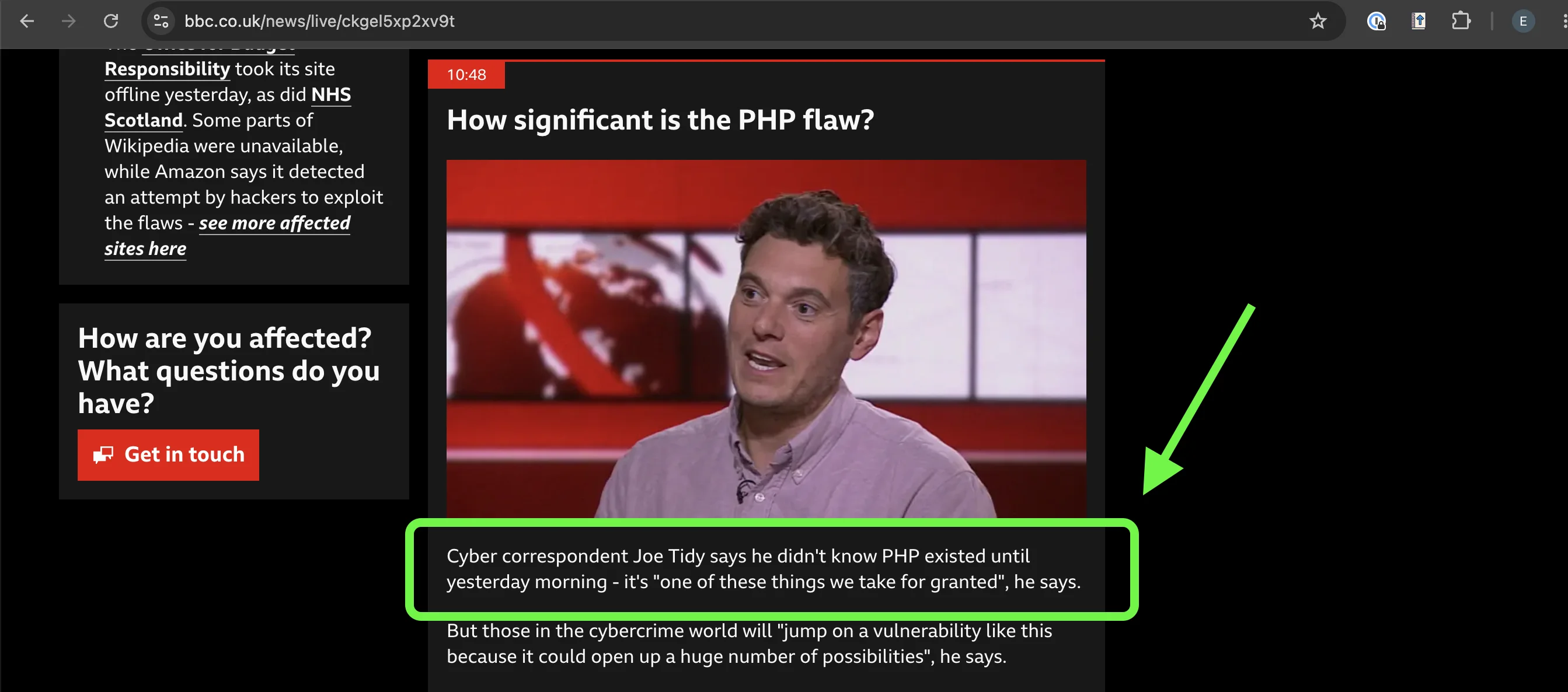 BBC live feed: 'Cyber correspondent Joe Tidy says he didn't know PHP existed until yesterday morning'